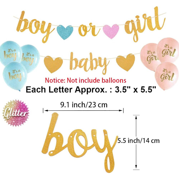 Könsavslöjande Festdekorationer - Glitterbokstäver Baby och Pojke eller Flicka med Hjärtan Banner, Vävpappersgirlang Set för Babyfest Dekorationer