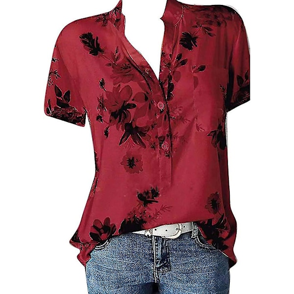Blommiga toppar för kvinnor 2023 Button Down Mode Casual Lång-/kortärmade skjortor Blus Red 4X-Large