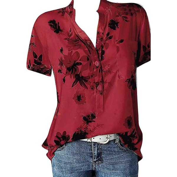 Blomstrete topper for kvinner 2023 Button Down-mote Uformelt Skjorter med lange/korte ermer Bluse Red X-Large