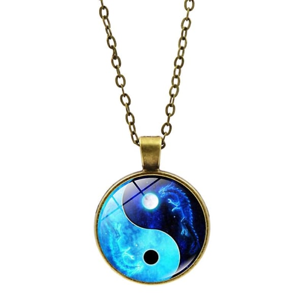 Unisex Tai Chi halskæde Yin Yang sten vedhæng halskæde smykker mørkeblå Bronze