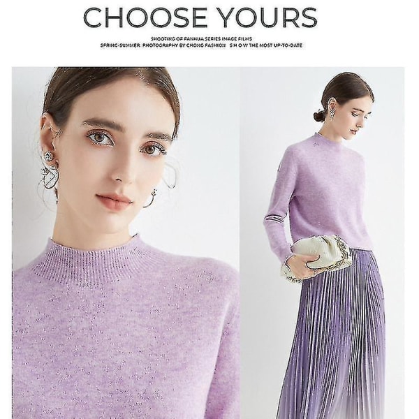 Cashmere tröja för kvinnor 100 % Cashmere Lätt långärmad stickad tröja med rund hals Jacquard purple L