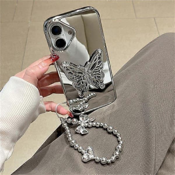 For iPhone 16 Deksel med Sommerfugl Støtte, Stropp TPU Akryl Telefon Bakdeksel Speiloverflate