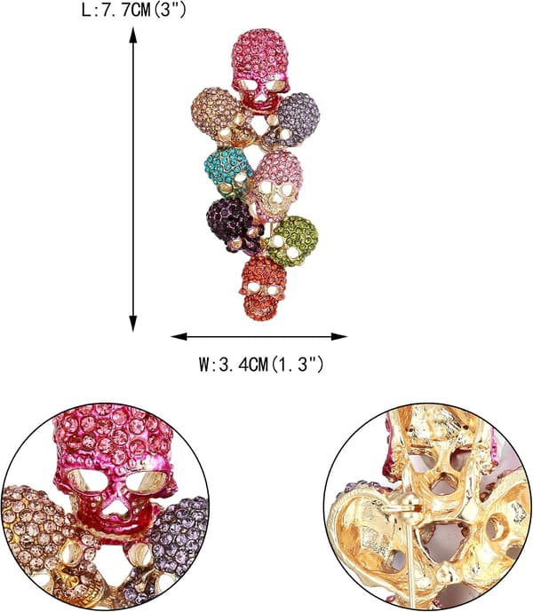Austrian Crystal Halloween Fantastic 8 Skull Head Cluster Brooch