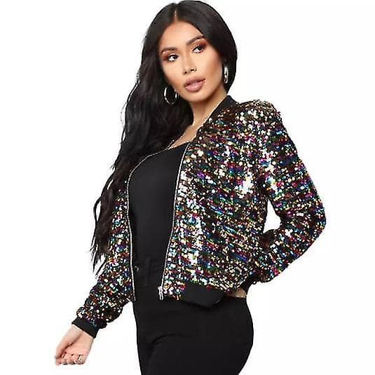 Sequin Fitted Langermet Glidelås Blazer Bomberjakke for Kvinner