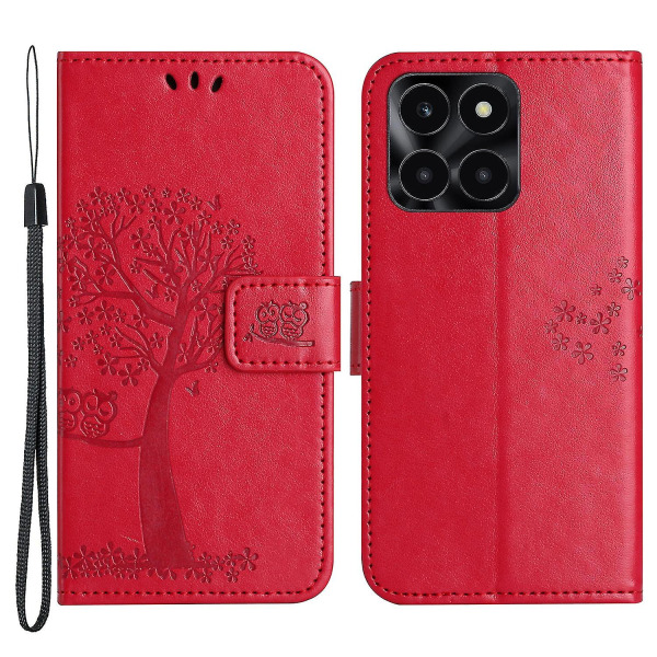For Honor X6a 4g Owl Tree painettu Pu-nahkainen case Täysin suojattu puhelimen cover Red