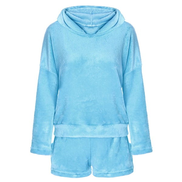 Dam Fleece Fluffiga Pyjamas Sovkläder Nattkläder Set Blå Blue S