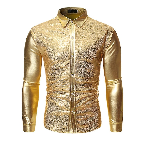 Långärmad skjorta med paljetter för män med guldstämpelslag Gold XL