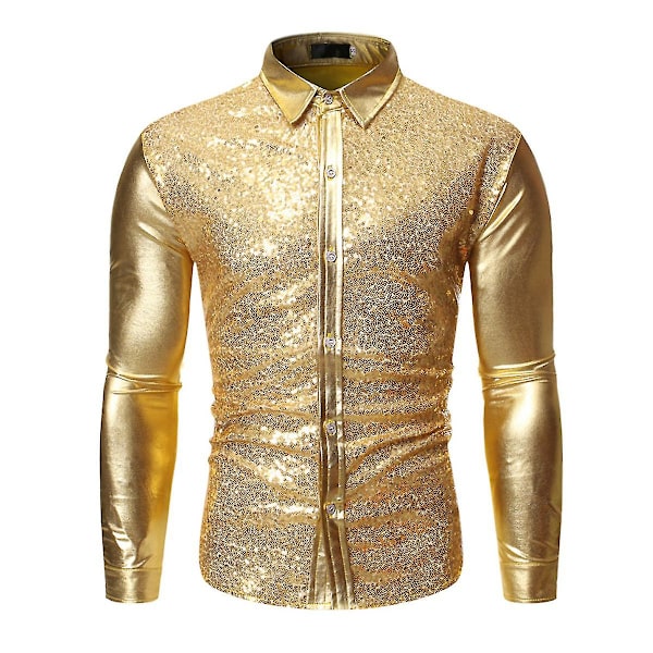 Langermet skjorte med paljetter for menn med gullstempling Gold XL