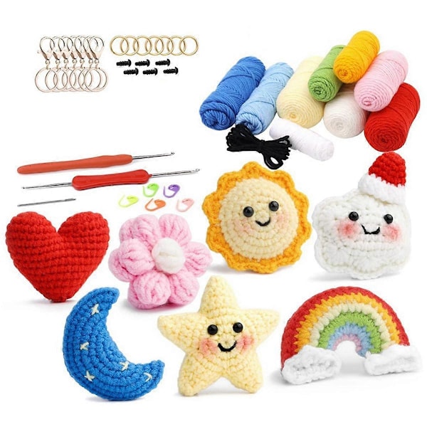 Complete Crochet Kits for Beginners,DIY Sun Stars Moon Crochet Kit with Knitting Markers Easy Yarn As Shown