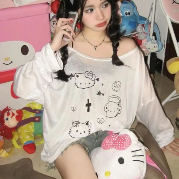 Kawaii Sanrio Anime Ny Hellokitty Långärmad Tunn T-shirt Tidig Höst Söt Cartoon Flicka Lös Mångsidig Casual Topp HelloKittyed M