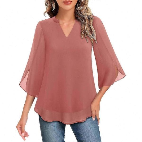 Dame Flæsebluser Afslappet V-hals Dobbeltlag Chiffon 3/4 Ærmer Toppe Sort Blue M