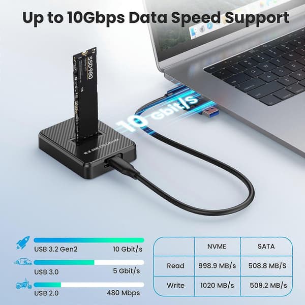 M.2 NVMe/SATA–USB-C-sovitin, nopea 10 Gbps tiedonsiirto, Plug & Play