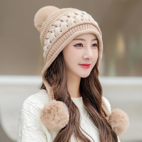 Dam vinter Peruvian öronbeklädnad Beanie Hat Öronklaffar Sherpa Skidmössa Stickad Fleecefodrad 3 Pom Khaki One Size