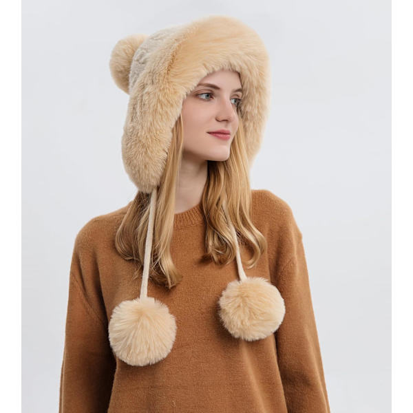 Dam vinter Peruvian öronbeklädnad Beanie Hat Öronklaffar Sherpa Skidmössa Stickad Fleecefodrad 3 Pom Beige Solid One Size