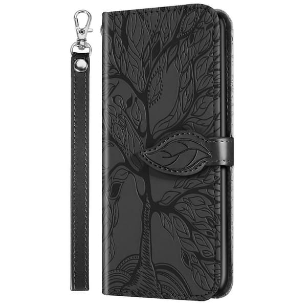 För iPhone 14 Plus Livets Träd Präglat Läder Telefonfodral Black