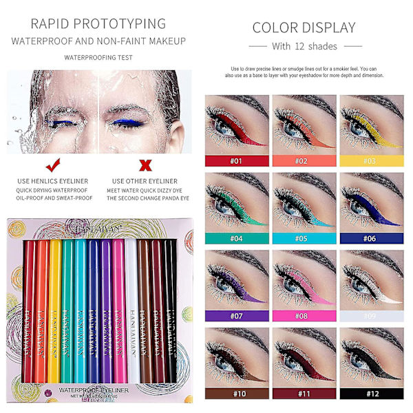 12 kpl Matte Rainbow Colorful Neste Eyeliner Set, 12 väriä Pehmeä ja Hyper Sharp Brush Eyeliner, Vedenpitävä High Pigmented Eyeliner set