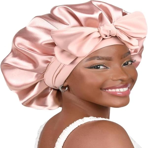 1 stk. Satin Bonnet Silke Bonnet til Søvn Dobbeltlag Satinforet Hårhætte med Bindebånd til Kvinder Krøllet Hår