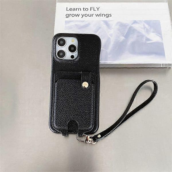 For iPhone 16 Pro Max Deksel Multifunksjonelle Kortspor Lær Bakdeksel med Håndleddsstropp Black