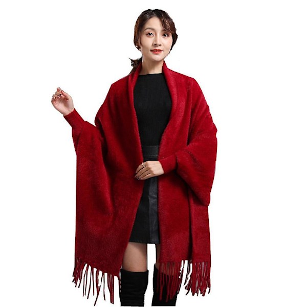Rød Pashmina Skjerf Frynser Sjal Vinter Varm Wrap Åpen Front Poncho For Dame