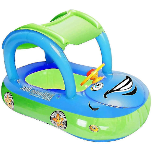 Uppblåsbar Baby Pool Float med Solskydd, Bilformad Badbåt för Spädbarn Småbarn Barn Blue