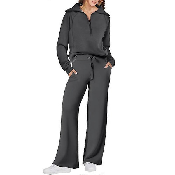 Dam 2-delad träningsdräkt med kvartssnitt Höst Lounge Set Spårningsdräkt Black 2XL
