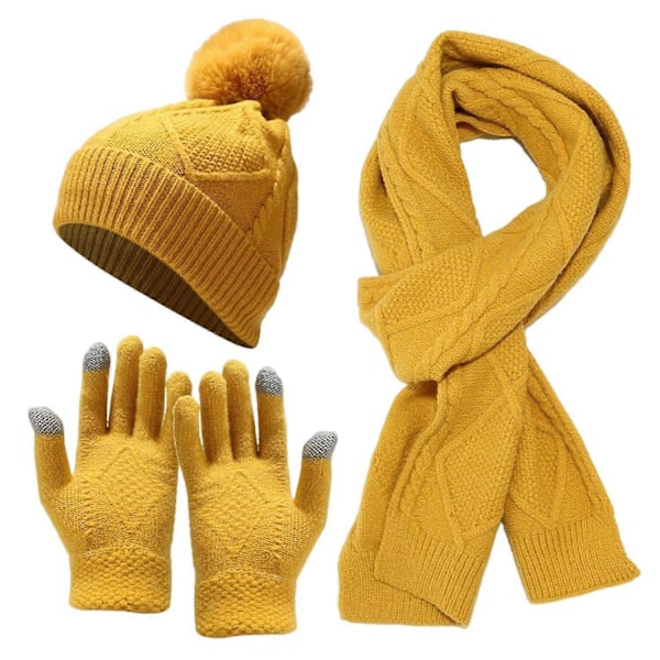 3-delars Set Vinterhatt, Halsduk och Vantar för Män - Tjock Stickad, Varm, Elastisk Öron- och Fingerskydd Yellow