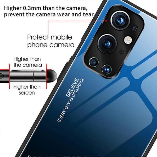 Gradient Härdat Glas Skal TPU Ram Baksida för OnePlus 9 Pro Cyan Blue