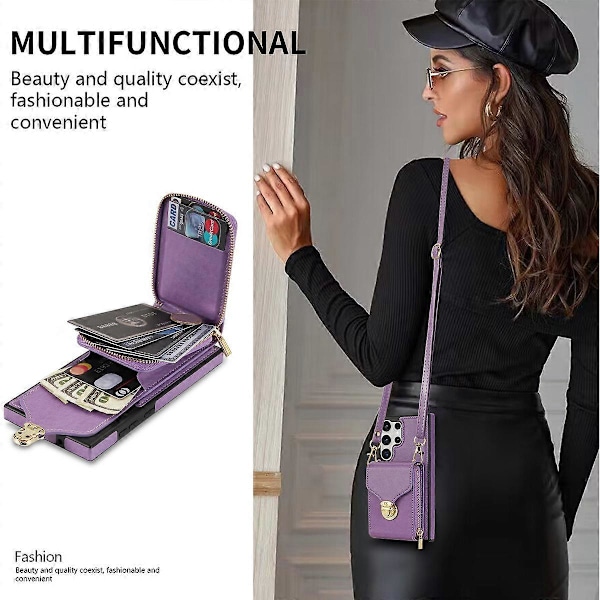Plånboksfodral med blixtlås för Samsung Galaxy S24 Ultra, kortfodral i läder med axelrem för kvinnor Purple For Galaxy S24 Ultra