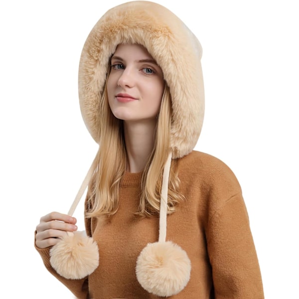 Dam vinter Peruvian öronbeklädnad Beanie Hat Öronklaffar Sherpa Skidmössa Stickad Fleecefodrad 3 Pom Beige Solid One Size