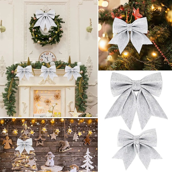 5st Julband Rosett 24cm Stor Storlek Julrosetter Band Flugor Ornament Juldekoration För Julgranar Presentinslagning Jul Tr silver