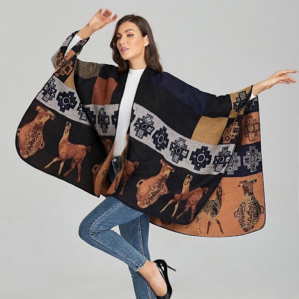 Vintage Varm Vinter Sjal Wrap Åben Front Poncho Cashmere Følelse Cape Til Kvinder