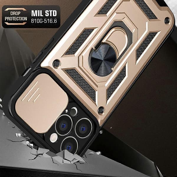 För iPhone 14 Plus Skjutbart Kameraskydd Design TPU+PC Telefonfodral Gold