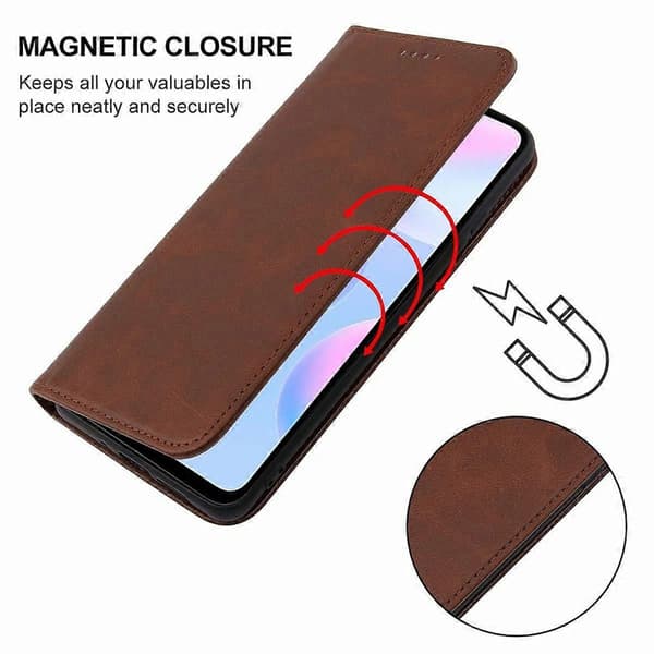 Magnetisk lukking lær telefonveske for Xiaomi Redmi 9AT Brown