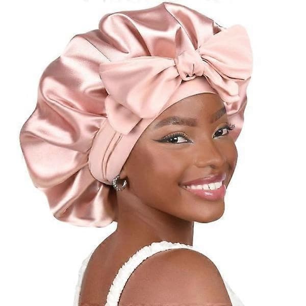 Satin sovehætte; dobbeltlags satinforet hårhætte; sovebonnet; pink.