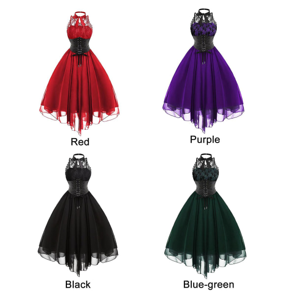Steampunk Gotisk klänning för kvinnor ärmlös hög låg design spets medeltida kostym Purple 2XL