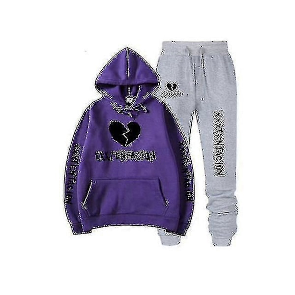 Höst/vinter Xxxtentacion Revenge Kill Hip Hop Hoodies Tröjor och Byxor Män Tvådelad Set Huvad Dräkt Sammet Shry purpleLightAIxinHH XL