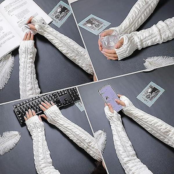 Dam vinter varma över armbåge långa fingerlösa tumhål handskar fingerhandskar stickade varma armskydd, 50 cm