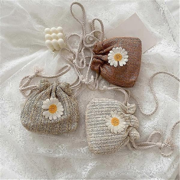 Stråstrandtasker med snøre, blomsterbroderede tasker, damer, blonde-crossbody-håndtasker til rejser-HY White