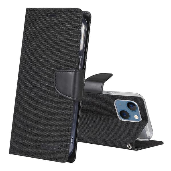 Til iPhone 14 Plus GOOSPERY CANVAS DIARY Lærredstekstur Flip Læder Telefon Cover Black