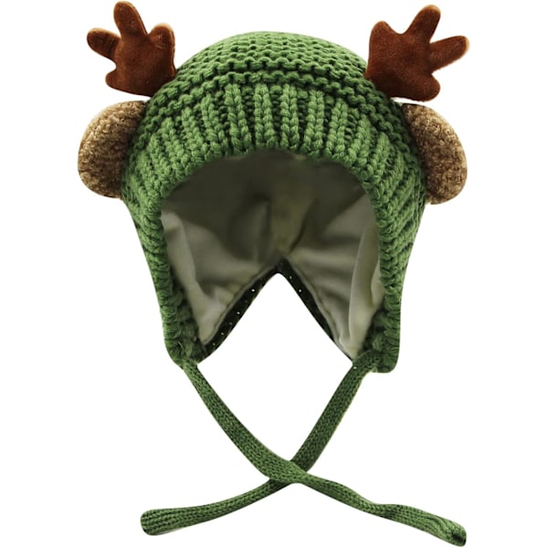Søt Hjorte-Elg Hodeplagg Babyhatt Vinter Varmt Plysj Strikket Ørevarmer Bonnet Gutter Jenter Caps Beanie med Hakestropp Green One Size