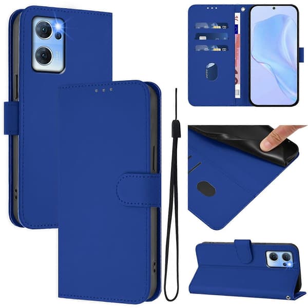 PU-kotelo kaulanauhalla OPPO Reno7 5G Global -puhelimelle Dark Blue