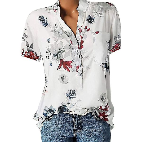 Blommiga toppar för kvinnor 2023 Button Down Mode Casual Lång-/kortärmade skjortor Blus White 4X-Large
