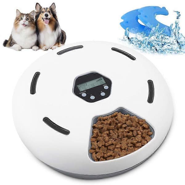 Automatisk kattmatare med programmerbar timer och kylning, 6-måltidsdispenser för torr- och våtfoder för katter och hundar White