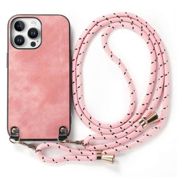 Retro læder telefonbagside til iPhone 16 Pro med justerbar rem Pink