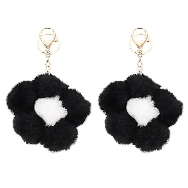2 stk. Vinterbiltilbehør Dukkehængende Sød Nøgleholder Fluffy Nøglering Nøglekæde Vedhæng Blomst Ring Black 9X9X3.5CM