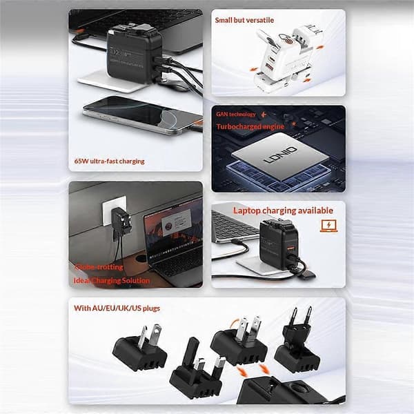 LDNIO Q2618 65W GaN Hurtigoplader Udskiftelige Stik USB-C PD Hurtigladestation til Bærbar iPhone Android White