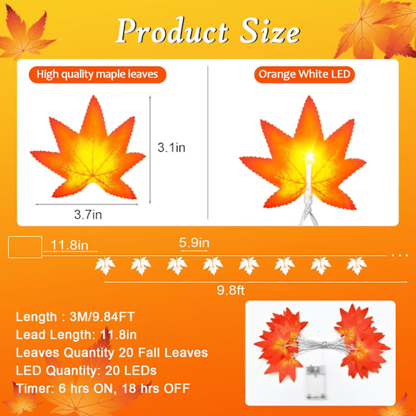 Lönnlöv ljusslinga, 3M 20LED höst höst ljusslinga batteridriven med timer, höstlöv ljusslinga