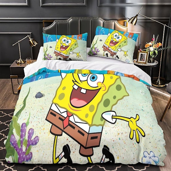HOUKIG Spongebob Täckeöverdrag 3D-tryck Animefigurer Täckeöverdrag för Tonåringar och Vuxna Quiltöverdrag med Kuddfodral med Blixtlås Stängning Mjuk Mi Single135x200cm