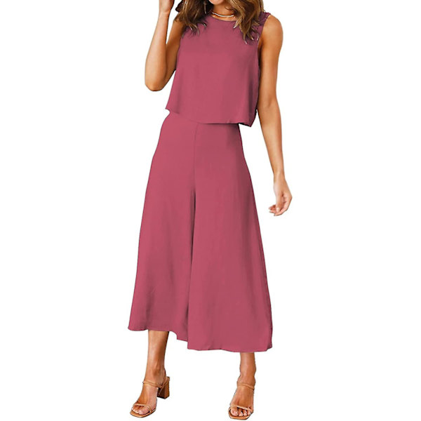Roylamp Sommer-outfits til kvinder i 2 dele Rundhalset Crop Basic Top Beskåret Bukser med brede ben, Jumpsuits Dark Fuchsia X-Small