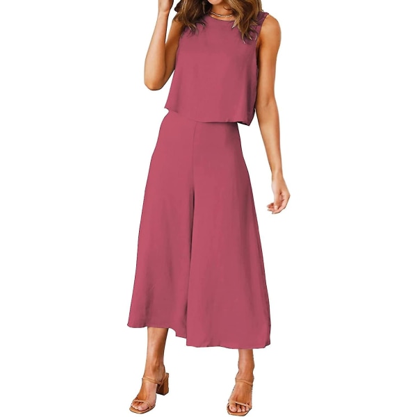 Roylamp Women's Summer 2-delade outfits Rundhalsad Crop Basic Top Beskuren Byxa Set med vida ben Jumpsuits Dark Fuchsia Medium